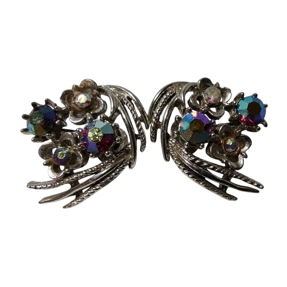 Vintage‎ Coro Clip On Earrings Silver Tone Aurora Borealis Red Rhinestone Signed